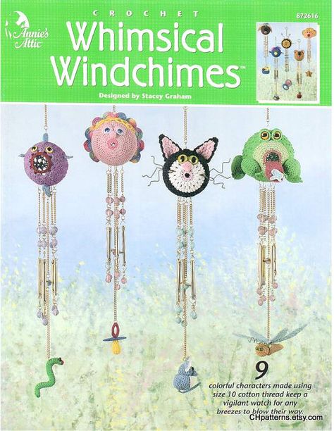 9 Designs Crochet Whimsical Windchimes. fishy cat by CHpatterns Crochet Bird House, Thread Crochet Patterns, Angel Wind Chimes, Annie's Crochet, Crochet Birds, Crochet Washcloth, Crochet Instructions, Thread Crochet, Craft Patterns