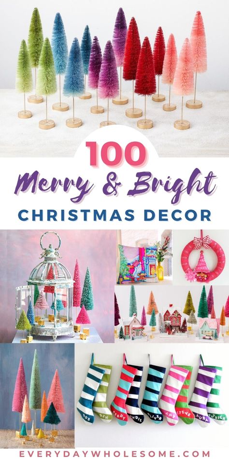 The best 100+ Merry & Bright Colorful Christmas Holiday Home Decor Ideas for your Christmas tree, ornaments, wreaths, decorations like hangings, door hangers, stockings, garlands, christmas tree skirts, swag, bottle brush trees, pillows, hand painted watercolor wall art, pom poms, some vintage and all full of color like red, hot pink, bright pink, aqua, teal, red, bright red, green, white, pink, and fun modern colorful contemporary holiday decorations. #colorfulchristmas #merryandbright Bright Christmas Decor, Bright Christmas Decorations, Colorful Christmas Decorations, Rainbows Christmas, Merry Bright Christmas, Brush Trees, Pink Christmas Decorations, Christmas Mantel Decorations, Christmas Porch Decor