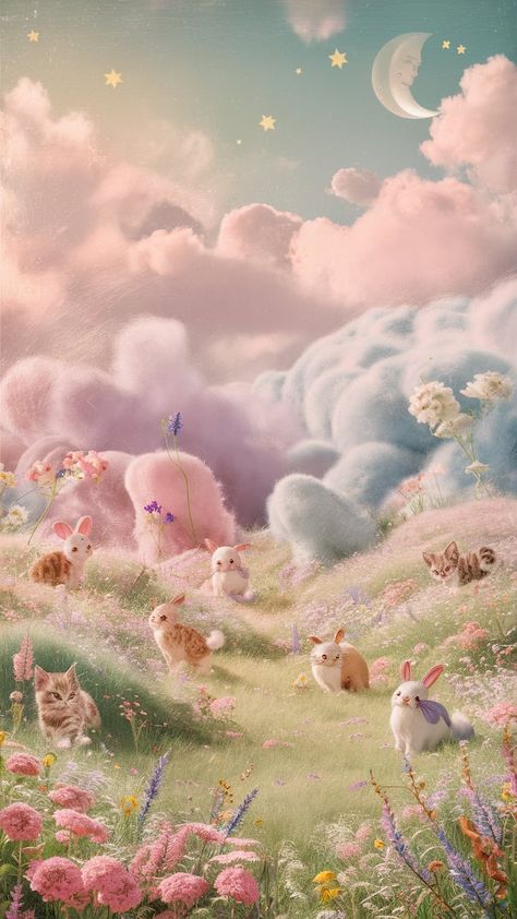 Step into a dreamy pastel landscape where fluffy clouds and rolling hills create a mesmerizing view. An enchanting meadow bursts with pink, lavender, and baby blue wildflowers, while playful bunnies and curious kittens dance among the blooms. With twinkling stars and a crescent moon above, this cozy scene evokes nostalgia and warmth, bringing joy to all. #DreamyLandscape #PastelArt #CuteAnimals #WhimsicalNature Pretty Screensavers, Nail Contest, Dreamy Nail, Blue Wildflowers, Dreamy Artwork, Character Sheets, Pastel Landscape, Dreamy Landscapes, Twinkling Stars