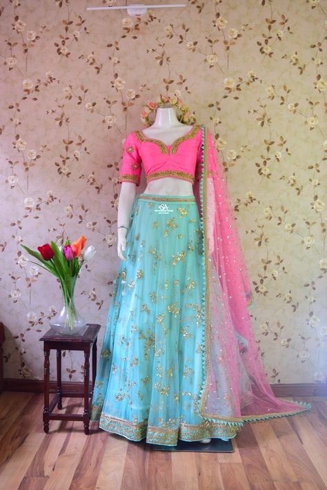 Hand work pink blouse with light blue lehenga by Sweta Acharya! Can be customized as per your choice and style.  For shipments and queries please do inbox us for viber us at 9851218200. Happy shopping 🛍  Team SA.  #lehengasetbySA #customized #handcraftedwithlove #happyshopping #designerpieces #latestdesign #frillshawl #swetaacharya #SA Pink And Blue Lehenga, Light Blue Lehenga, Sky Blue Lehenga, Heavy Lehenga, Light Blue Skirts, Churidar Designs, Blue Lehenga, Fashion Design Patterns, Pink Lehenga