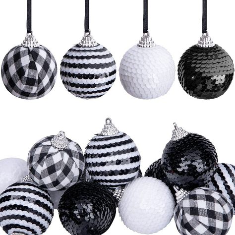 Festival Atmosphere, Christmas Buffalo Plaid, Black White Christmas, Buffalo Plaid Decor, Plaid Decor, Xmas Tree Decorations, Christmas Pendant, Ball Ornaments, Christmas Balls