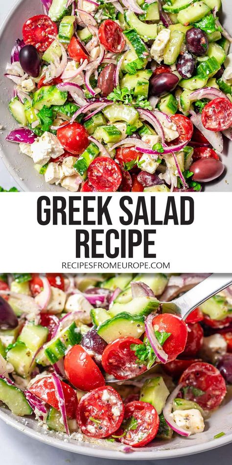 Want to make a classic Greek Salad? Fresh and fragrant, this salad is full off veggies, feta and drizzled with a delicious simple dressing! Feta Salad Recipes, Greek Feta Salad, Classic Greek Salad, Greek Salad Ingredients, Greek Lasagna, Greek Fries, Greek Salad Recipe, Traditional Greek Salad, Feta Salad Recipe