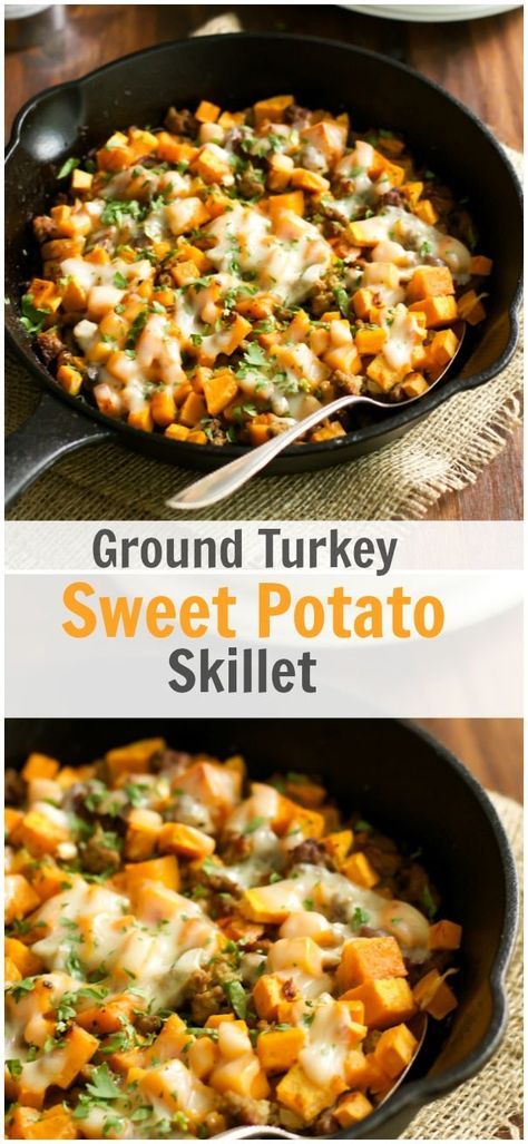 Ground Turkey Sweet Potato Skillet - This gluten-free and low-fat Ground Turkey Sweet Potato Skillet will be ready to dig in less than 30 mins and you will be amazed by the flavourful of it. It’s a perfect ONE-PAN meal for your family to enjoy! #onepan #skilletmeals #sweetpotato #quickdinner #glutenfree #primaverakitchen Ground Turkey Sweet Potato Skillet, Turkey Sweet Potato Skillet, Ground Turkey Sweet Potato, Sweet Potato Skillet Recipes, One Pan Dinner Recipes, Ground Turkey Recipes Easy, Turkey Sweet Potato, Potato Skillet, Ground Turkey Recipes Healthy