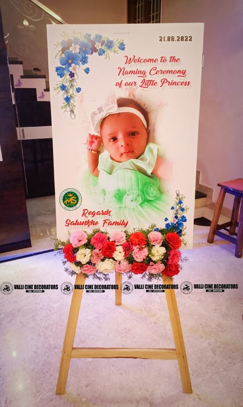 Cradle Ceremony Entrance Board, Cradle Ceremony Welcome Board, Namkaran Decoration Ideas, Rice Weaning Ceremony Decoration, Naming Ceremony Decorations Indian, Naamkaran Decoration Ideas, Naming Ceremony Board Ideas, Barasala Decoration, Name Revealing Ideas For Naming Ceremony