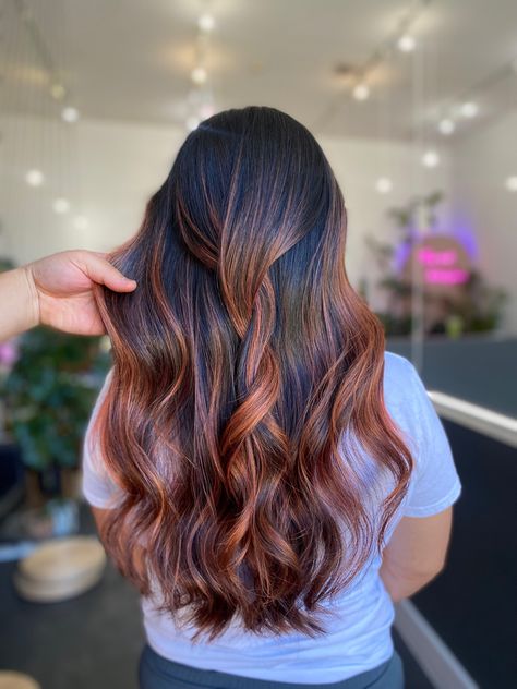 Copper Streaks In Brown Hair, Copper Balayage On Black Hair, Copper Ombre, Copper Balayage, Black Hair Balayage, Red Ombre, Copper Hair, Hair Studio, Bronze Color