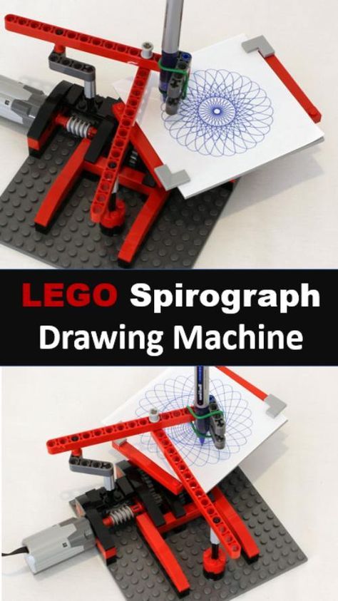 So cool. Build a Spirograph drawing machine with LEGO. Fun hands on engineering project for kids | STEM | STEAM Lego Candy Machine, Drawing Engineering, Lego Hacks, Lego Candy, Lego Avengers, Lego Machines, Lego Challenge, Lego Education, Cool Drawing