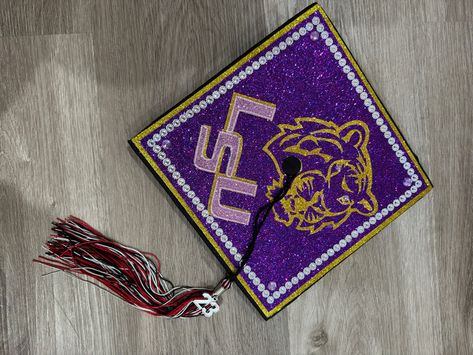 Lsu Grad Cap, Bedazzled Graduation Cap, Lsu Graduation, Grad Cap Ideas, Future Vision, Senior Photo Outfits, Cap Decoration, Geaux Tigers, Graduation Cap Designs