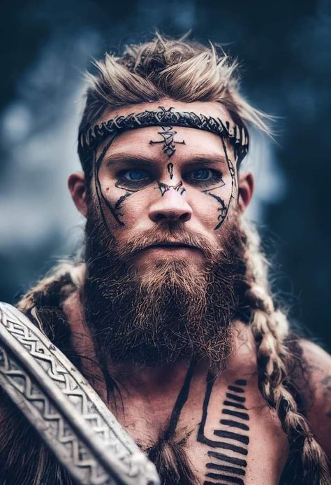 Male Viking Face Paint, Viking Warpaint Men, Wizard Makeup Men, Viking Face Paint Men Warriors, Warlock Makeup Male, Viking Make Up Men, Viking Costume Men, Roman Makeup, Masc Makeup