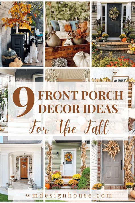 Explore 9 cozy and creative front porch décor ideas perfect for Fall! From DIY harvest-themed decorations and comfortable seating to unique vintage finds, find inspiring ways to welcome the autumn season in style. #FallDecor Ideas at wmdesignhouse.com Fall Crate Decor Front Porches, Decorating With Pumpkins Outdoor, Pumpkins On Front Porch, Autumn Front Porch Decor, Front Porch Decorations, Fall Candles Diy, Porch Fall Decor, Fall Candle Decor, Mums In Pumpkins