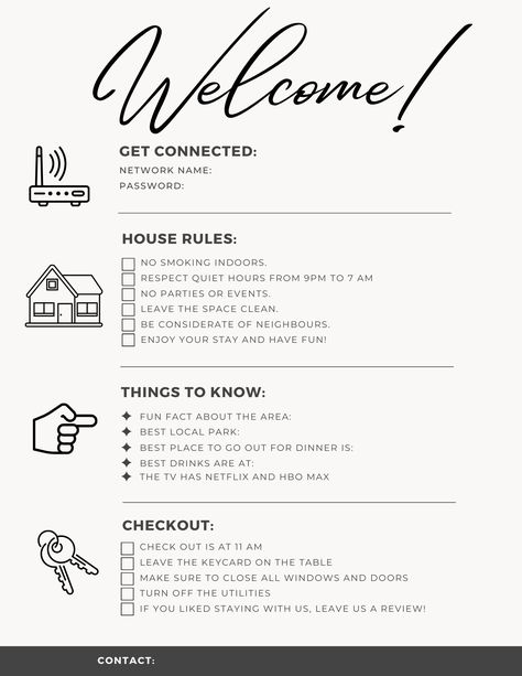 🌟 Elevate Your Short-Term Rental Experience with Our Editable Rules and WiFi Information Poster! 🌟 Are you a savvy short-term rental host looking to provide a seamless and enjoyable stay for your guests? Look no further! Introducing our customizable Short-Term Rental Rules and WiFi Information Poster, designed to enhance your guest experience and make your hosting journey a breeze. 🏡 Why Choose Our Poster? ✅ Professional Design: Our eye-catching, professionally designed poster ensures a polished and welcoming touch for your rental property. ✅ Customizable in Canva: Edit the poster with ease using Canva, a user-friendly graphic design platform. Personalize it to match your branding or property's style effortlessly. ✅ Essential Information: Ensure your guests have all the vital informatio Airbnb House Rules For Guests, Short Term Rentals, Airbnb Rules For Guests, Airbnb Rules, Home Rules, Airbnb House Rules, Airbnb House, Rental Space, Airbnb Design