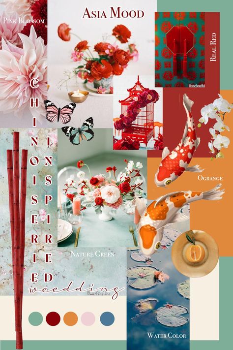 Asian Wedding Color Palette, Chinese Wedding Color Palette, Chinoiserie Color Palette, Asian Color Palette, Vietnam Moodboard, Stylist Moodboard, Sangjit Decoration, Japan Moodboard, Presentation Layouts