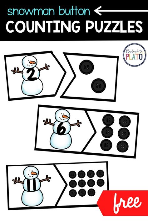 These snowman button counting puzzles are perfect for pre k and kindergarten kids who are working on matching numerals to quantities. Kids will love building their number sense and teachers will love the easy prep! #counting #quantities #numberpuzzles Free Math Centers, January Kindergarten, Winter Math Activities, January Classroom, Playdough To Plato, Counting Puzzles, Winter Activities Preschool, Math Centers Kindergarten, Winter Classroom