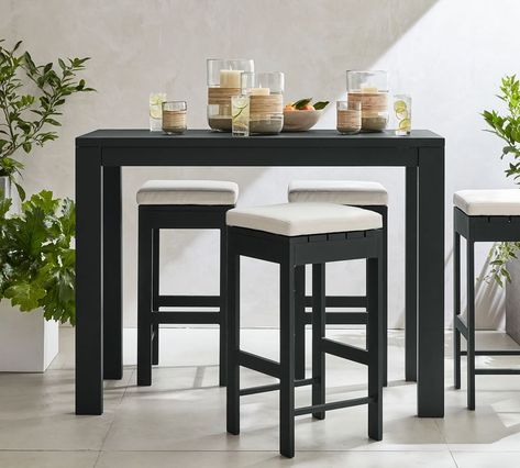 Malibu Metal Rectangular Bar Height Table + Bar Stool Dining Set | Pottery Barn Outdoor Bar Height Table, Metal Bar Stool, Black Pottery, Bar Height Table, Height Table, Counter Height Table, Outdoor Bar Stools, Metal Bar Stools, Table Stool