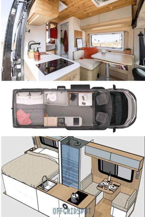 Expert Sprinter Van Conversion by BeMyVan Van Conversion Company Van Builds With Bathroom, Sprinter Camper Van Layout, Camper Van Interior Ideas With Bathroom, Can Camper Conversion, Boho Sprinter Van, 4 Berth Sprinter Van Conversion, Van Conversion With Shower Layout, Van Plan Layout, Interior Van Ideas