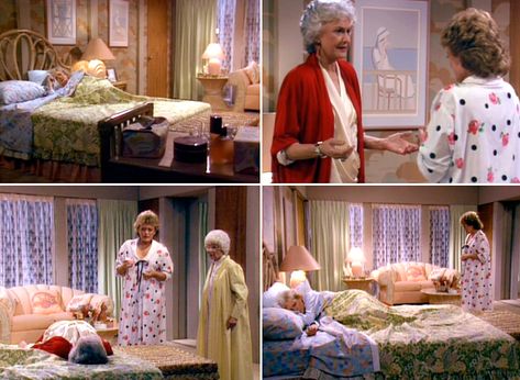 The Golden Girls: Rose's Bedroom | Mirror80. c. 1987. Rattan, peach, white Beachy Bedding, Golden Girls House, Golden Girls Quotes, Rue Mcclanahan, Cloud Decal, Estelle Getty, Tv Theme Songs, Rose Bedroom, Bea Arthur