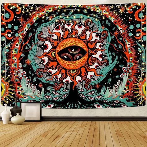 AMAZING DESIGN: This psychedelic tapestry adopts advanced HD print, and it has vivid colors, crisp lines, it will add your room a more permanent fresh decoration. IDEAL SIZE: We offer 2 widely used size of this hippie sun tapestry: 59.1" x 51.2" / 150cm x 130cm, 82.7" x 59.1" / 210cm x 150cm. Sun Tapestry, Hippie Sun, Sun And Moon Tapestry, Trippy Tapestry, Boho Leaves, Moon Tapestry, Hd Print, Tapestry Wall Hanging, Wall Tapestry