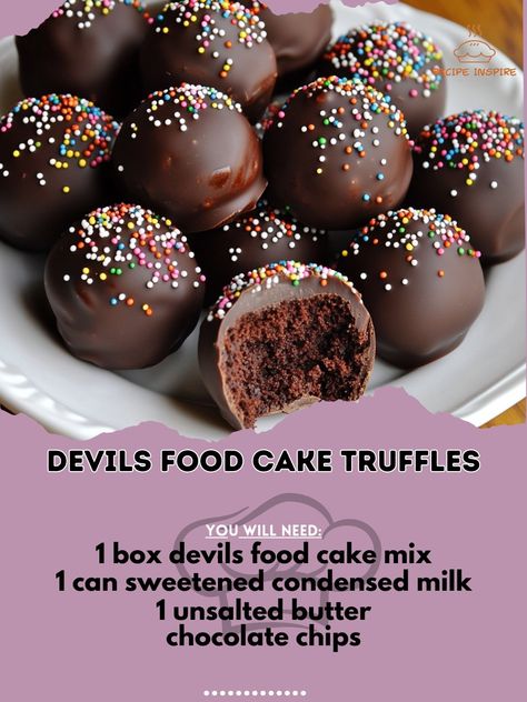 🍫🍰 Indulge in the decadence of Devil's Food Cake Truffles - a heavenly treat for chocolate lovers! 🤤 #ChocolateLovers #DessertDelight Devil's Food Cake Truffles Ingredients: - 1 box devil's food cake mix - 1 can sweetened condensed milk - 1/2 cup unsalted butter - 1 cup chocolate chips - 1/2 cup cocoa powder - 1 tsp vanilla extract - 1/2 cup powdered sugar - Sprinkles (optional) Instructions: 1. Bake the cake according to package instructions. 2. Crumble the cooled cake into a large bowl. ... Devils Food Cake Mix Recipe Ideas, Devils Food Cake Mix, Devil's Food Cake, Devils Food Cake Mix Recipe, Devils Food Cake, Devils Food, Sugar Sprinkles, Cake Truffles, Sweet Shop