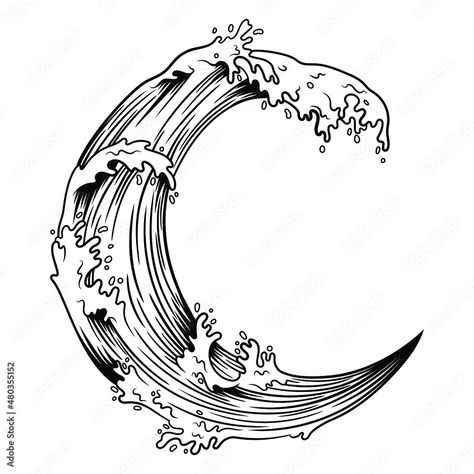 Water And Moon Tattoo, Ocean Wave Tattoo, Tattoo Wave, Waves Illustration, Wave Tattoo Design, Tattoo Moon, Spirit Tattoo, Wave Tattoo, Water Tattoo