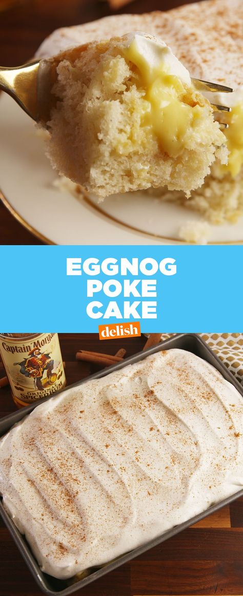 Rum Poke Cake Recipe, Eggnog Poke Cake, Boozy Eggnog, Cake Poke, Delish Videos, Eggnog Dessert, Alcohol Food, Poke Cake Recipe, Dump Cakes