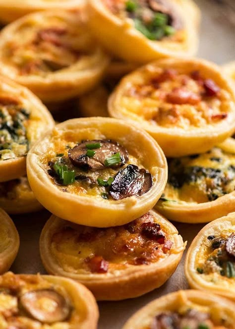 Mini Quiche 4 Ways #quiche #appetizer #appetizerrecipe #partyfood #cheese #mushroom #baked #easyrecipe | Recipetin Eats Veg Platter Ideas, Savoury Canapes, Savoury Pastry, Mini Quiche Recipes, Mini Pie Recipes, Cottagecore Food, Canapes Recipes, Pastry Cook, Mini Appetizers