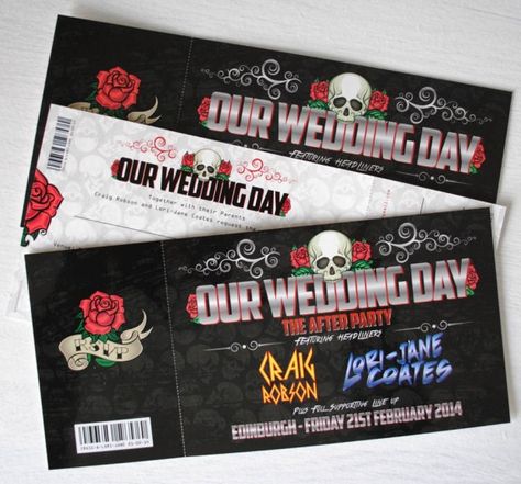 skulls-and-roses-rock-n-roll-wedding-invites Alternative Wedding Party, Heavy Metal Wedding, Punk Rock Wedding, Rocker Wedding, Concert Wedding, Music Festival Wedding, Rock Music Festival, Punk Wedding, Ticket Style