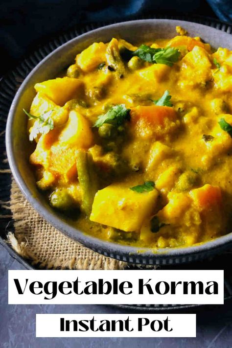 Vegetable korma is a delectable blend of mixed vegetables in a creamy sauce, delicately spiced to perfection. This veg korma features a rich and velvety sauce that is made with cashew and coconut milk, making it both hearty and healthy. It is a vegan curry that is quick and easy to prepare using an Instant Pot, taking less than 30 minutes to cook. Instant Pot Vegetable Korma, Vegan Vegetable Korma, Vegetarian Korma Recipe, Indian Food Instant Pot, Veg Korma Recipe, Coconut Korma, Vegan Pressure Cooker Recipes, Veg Korma, Easy Vegetable Curry