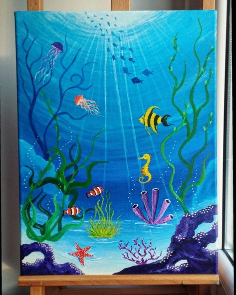 Acrylic paint for kids room. Based on YT tutorial @stepbysteppainting Under The Sea Acrylic Painting, Sea Creatures Painting Easy, Under The Sea Painting Easy, Melukis Aesthetic, Under Sea Drawing, Painting Ideas With Meaning, Under The Ocean Painting, In The Sea Drawing, Underwater Acrylic Painting