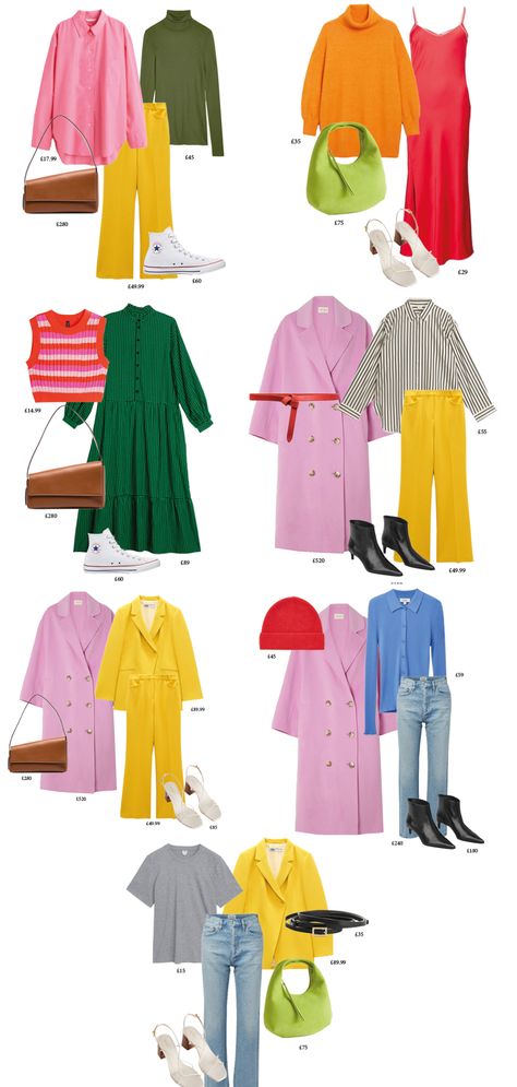 Colorful Smart Casual Outfit, Dopamine Dressing Capsule, Fall Outfits 2024 Colorful, Colorful Minimalist Outfits Women, Smart Casual Women Colorful, Bright Spring Work Outfits, Colourful Layered Outfits, Rainbow Capsule Wardrobe, Colourful Edgy Outfits