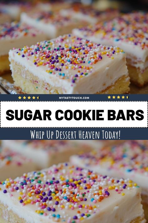 These sugar cookie bars are a delightful treat that brings joy to every occasion! With a soft, chewy texture and a creamy frosting topped with colorful sprinkles, they're perfect for parties or just a sweet snack at home. Believe me, once you whip these up, you won’t be able to resist sharing—or keeping them all to yourself! Tom Thumb Cookie Bars, Shortbread Cookie Bars Recipes, Iced Sugar Cookie Bars, Frosted Cookie Bars, Birthday Treats For Adults, Sugar Cookie Bars Easy, Sugar Cookie Cheesecake Bars, Easy Sugar Cookie Bars, Bar Cookies Recipes