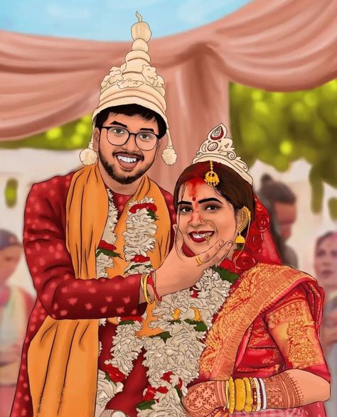 Bengali Bride And Groom Cartoon, Bengali Bride Illustration, Bengali Bride Groom Illustration, Bengali Wedding Illustration, Indian Couple Painting Romantic, Bengali Wallpaper, Bengali Illustration, Kali Picture, Cake Topper Wedding Couple