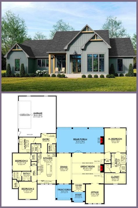 Contemporary Farmhouse Plans, Farmhouse Plans One Story, Single Story Farmhouse Plans, Single Story Farmhouse, Porch Floor Plan, House With Land, Ranch House Exterior, Porch Floor, Modern Farmhouse Living