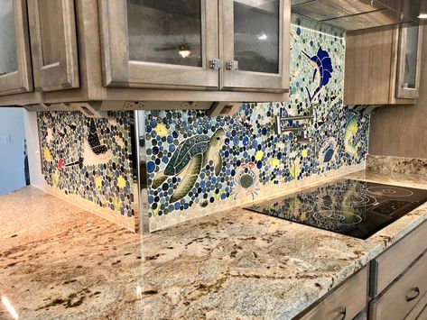 sea life custom mosaic kitchen backsplash Marble Tile Backsplash Kitchen, Creative Kitchen Backsplash, Mosaic Tile Backsplash Kitchen, Mosaic Tile Kitchen, Unique Kitchen Backsplash, Backsplash Tile Design, Mosaic Backsplash Kitchen, Mosaic Tile Backsplash, Glass Tile Backsplash