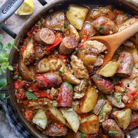 This Chicken Scarpariello with Potatoes and Sausage is tangy, spicy, and the ultimate Italian comfort food. Chicken Scarpariello Recipe, Overnight Focaccia, Potatoes And Sausage, Chicken Scarpariello, Pickled Cherries, Roasted Chicken And Potatoes, Italian Chicken Sausage, Italian Comfort Food, Pasta Side Dishes