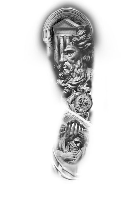 Roman Tattoo Sleeve Greek Gods, Greek Mythology Buildings Tattoo, Greece Sleeve Tattoo, Greek Shoulder Tattoo Men, Greek Style Sleeve Tattoo, Greek Mythology Statue Tattoo, Stoicism Tattoo Design, Greek And Roman Mythology Tattoos, Greek Monsters Tattoo