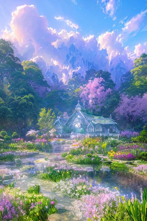 This digital artwork presents a stunning garden, teeming with vibrant white, pink, and purple flowers, encircling a tranquil pond. At the center of this wondrous garden stands a quaint house, imbued with a touch of magic, radiating an ethereal aura. Behind the house, a lush green forest stands tall and majestic, beckoning the viewer to embark on an adventure. This enchanting scene promises to captivate viewers with its alluring beauty and mysterious atmosphere. Fairy Fantasy World, Fairy Garden Digital Art, Magical Garden Fantasy Art, Purple House Aesthetic, Tree House Homes, Magic Garden Aesthetic, Green Purple Aesthetic, Magic Forest Art, Magic Scenery