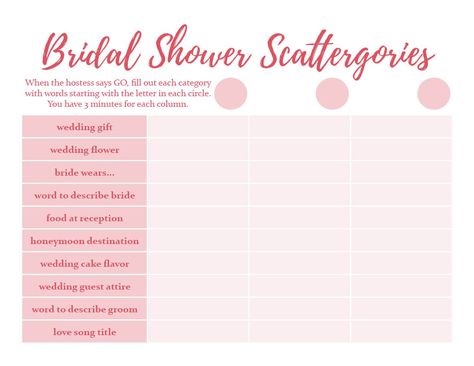 Bridal Shower Game and Free Scattergories Printable Spa Bridal Shower, Scattergories Game, Shower Tips, Fun Bridal Shower Games, Beach Bridal Showers, Gold Beach, Wedding Cake Flavors, Printable Bridal Shower Games, Wedding Shower Games