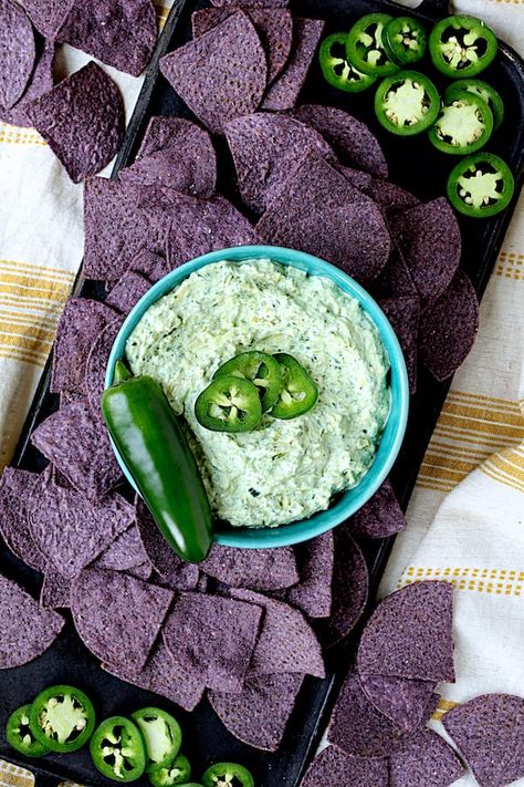 Spinach Artichoke Dip with Fresh Jalapeño is a twist on a classic party favorite! It’s the perfect pairing for Mission Organics® Blue Corn Tortilla Chips! #ad #sponsored #MissionOrganics Cold Spinach Artichoke Dip, Strawberry Feta Spinach Salad, Blue Corn Chips, Strawberry Feta, Blue Corn Tortillas, Dip Sauce, Spinach Salad Recipes, Caesar Salad Recipe, Corn Tortilla Chips