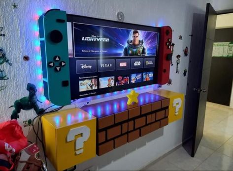 Gamer Bedroom Ideas, Hostel Room Makeover, Gaming Themed Bedroom, Nintendo Room, Gamer Room Diy, Super Mario Room, Video Game Bedroom, Mario Room, Mario Theme