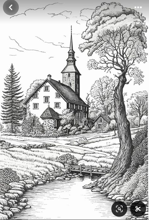 Building Landscape Drawing, Nature Black And White Drawing, Sketch Ideas Scenery, Landscape Sketch Nature Pencil Drawings, Scenery Sketch Landscapes, Nature Sketches Pencil Beautiful, Village Scene Drawing Pencil, Drawing Scenery Landscapes, Sketches Scenery