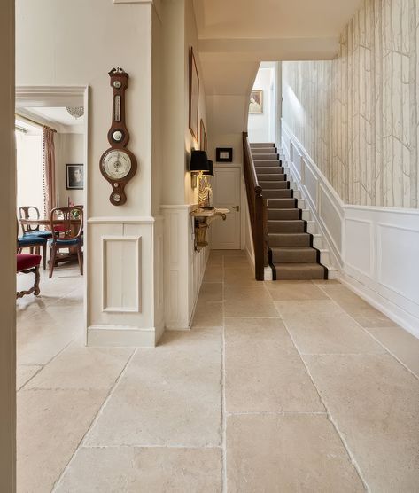 Lacock Limestone Heritage Finish Lacock Limestone Heritage Finish Our Lacock collection evokes the stunning limestone flooring discovered in Wiltshire's Lacock Abbey. It's a top-of-the-line floor solution for homes in need of a natural touch. The heritage finish duplicates the marks on ancient stone floors left behind by time, whilst it remains affordable. This makes it a fantastic substitute for English limestone flooring, with the added bonus of withstanding the rigours of daily life. Also ava Stone Kitchen Floor, Lacock Abbey, Hallway Tiles, Country Kitchen Flooring, Limestone Floor, Limestone Floor Tiles, Stone Floors, Tiled Hallway, Barn Kitchen