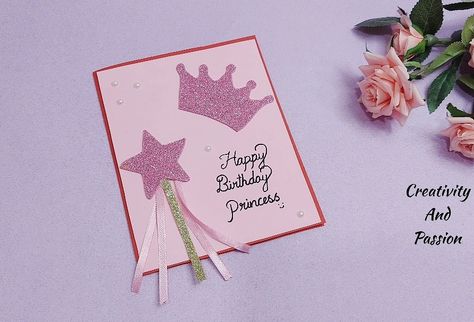 Princess Birthday Card Diy, Princess Birthday Cards Handmade, Princess Birthday Card, Princess Card, Happy Birthday Princess, Simple Cards Handmade, Princess Diy, Easy Birthday, Girl Birthday Cards