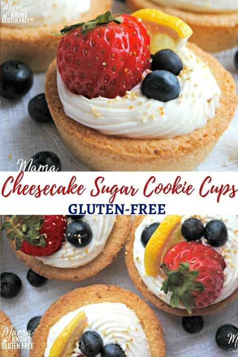 An easy gluten-free no-bake cheesecake in a sugar cookie cup. A simple, yet elegant dessert. #glutenfreerecipes #nobakecheesecake Cheesecake Sugar Cookie Cups, No Bake Cheesecake Filling, Sugar Cookie Cups, Easy No Bake Cheesecake, Gluten Free Sugar Cookies, Easy Gluten Free Desserts, Gluten Free Cheesecake, Bite Size Desserts, Best Gluten Free Recipes