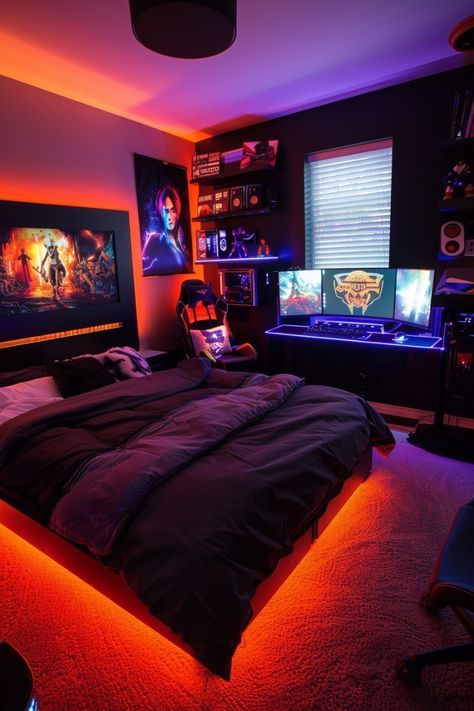 Cool Bedroom Ideas For Men, Guys Bedroom Ideas, Gamer Bedroom Ideas, Bedroom Ideas Men, Gaming Bedroom Ideas, Boy's Rooms, Minimalist Bed Frame, Bedroom Ideas For Men, Gaming Bedroom