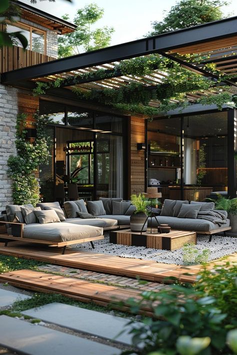 19 Trendy Patio Furniture Ideas for Chic Outdoor Spaces 20 Exterior Lounge Design, Modern Patio Design Ideas, Backyard Garden Aesthetic, Modern Pergola Patio, Outdoor Oasis Backyard, Patio Seating Ideas, Industrial Patio, Patio Aesthetic, Industrial Outdoor