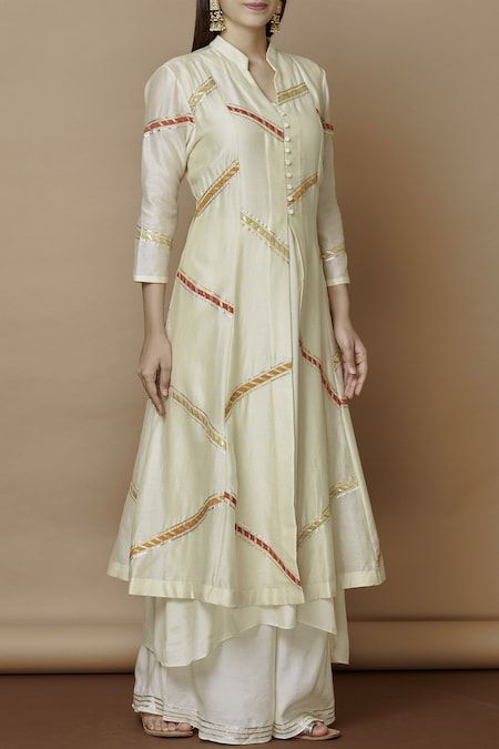 Buy Off White Chanderi Mandarin Collar Kurta Set For Women by Nachiket Barve Online at Aza Fashions. Designer Kurti Patterns, Kurti Patterns, Long Kurti Designs, Pakistani Dresses Casual, Silk Kurta, Kurti Designs Party Wear, Kurti Neck Designs, Kurta Designs Women, Designer Party Wear Dresses