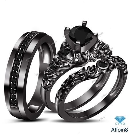 1.25 CT 14k Black Rhodium Over 925 Silver Round Cut AAA Diamond Trio Ring Set #Affoin8 Wedding Ring Trio, Trio Ring Set, Trio Ring, Black Gold Jewelry, Black Wedding Rings, Mens Ring Sizes, Engagement Wedding Ring Sets, Black Diamonds, Engagement Bands