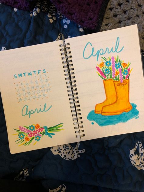 April Scrapbook Page, April Book Journal Spread, May Book Journal Ideas, April Dot Journal, April Drawing Ideas, April Bullet Journal Cover Aesthetic, April Reading Journal, April Journal Page, Bullet Journal April Theme