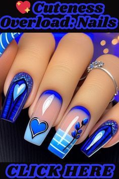 Cute Nail Designs For Teens, Light Color Nail Ideas, Purple And Blue Nails Designs, Cute Round Nails, Blue Valentines Nails, Blue Valentine Nails, Easy Nail Art Ideas, Pink Nail Art Designs, Fancy Nails Designs