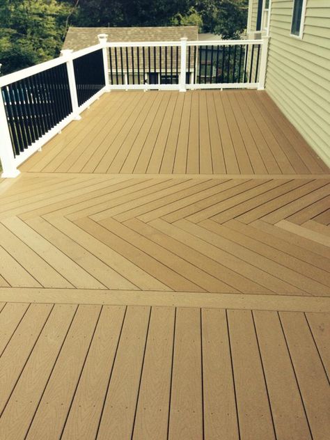 Trex deck with chevron Trex Deck Designs, Deck Refresh, Deck Patterns, Trex Decking, Deck Framing, Deck Railing Design, Painting Old, Wooden Deck, Deck Construction