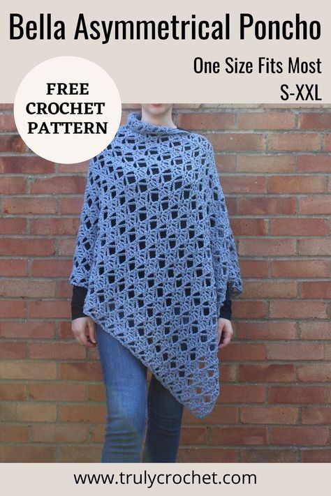 Beginner Crochet Poncho Pattern Free, Crochet Pattern Poncho, Crochet Poncho With Sleeves Free Pattern, Asymmetrical Crochet, Crochet Summer Poncho, Free Crochet Poncho Patterns Woman, Poncho Crochet Pattern Free, Crochet Poncho Free Pattern, Crochet Poncho Patterns